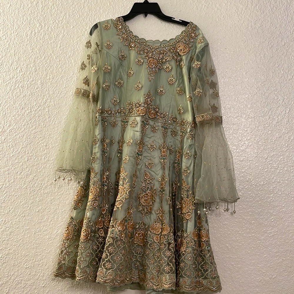 Pistachio green fully embroidered detailed designer lengha peplum